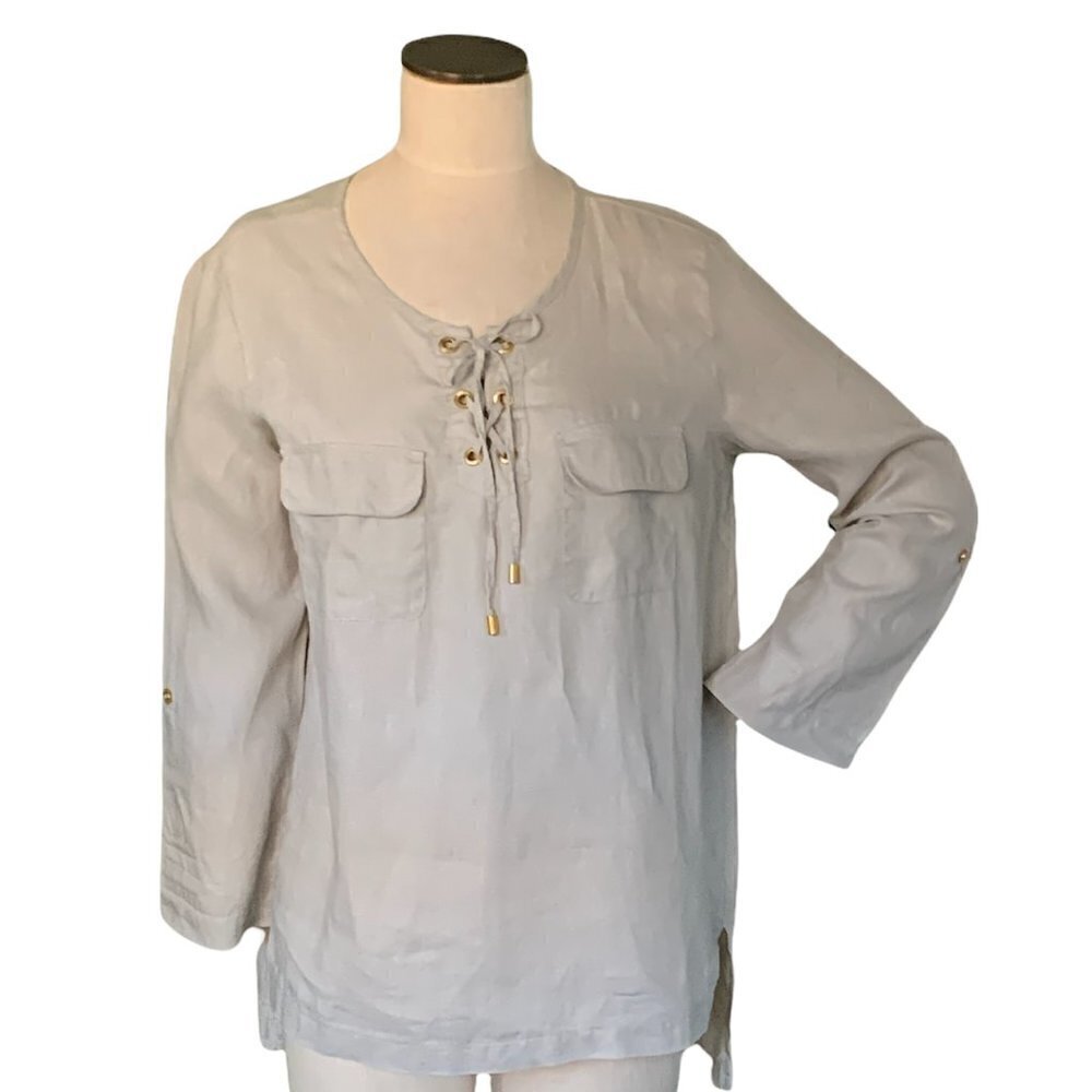 Ellen Tracy Company Linen Blouse Lace Up Neck Pockets Sz M Sandstone Beige #187k - Picture 4 of 10